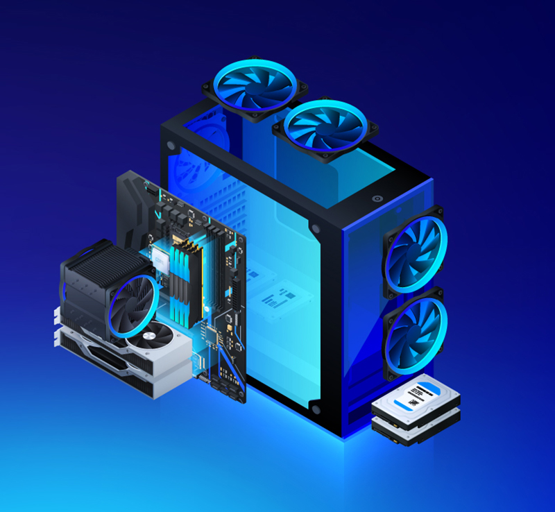 Custom PC. Vector Custom PC components. Desktop Builder. PC Builder.